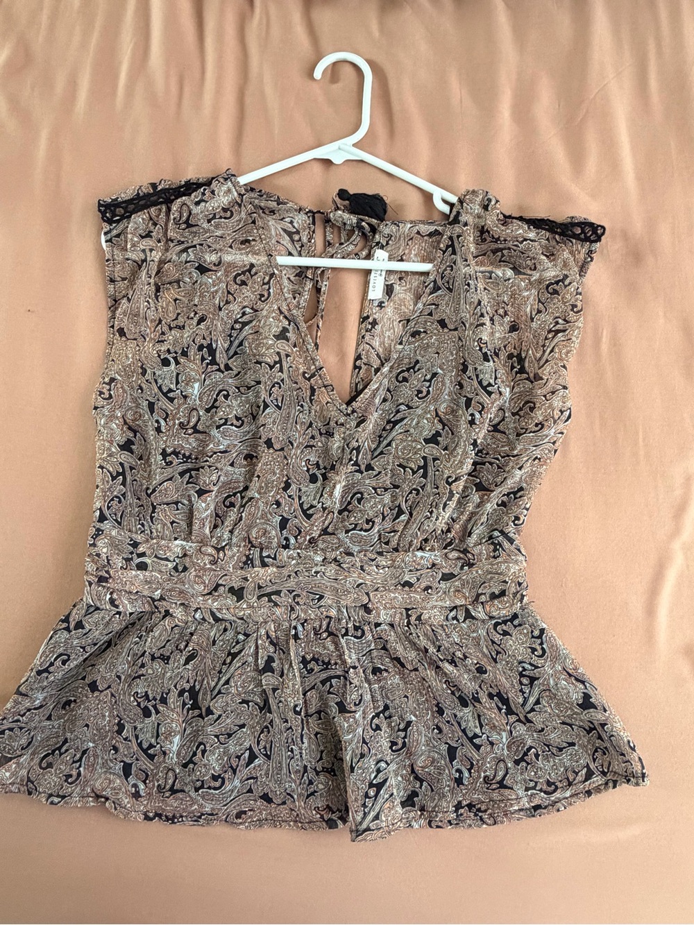 Love Stitch Paisley V-Neck Peplum Blouse in Beige and Black